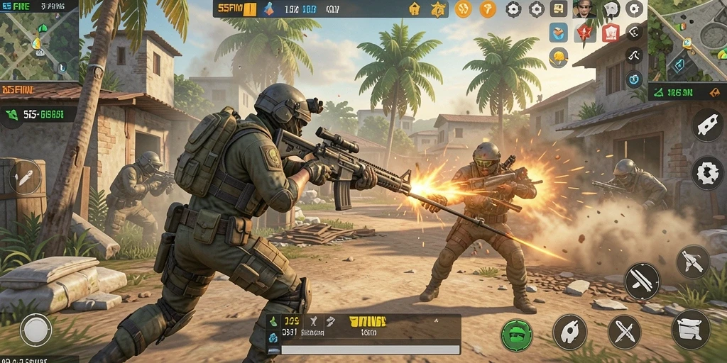 Screenshot utama 55FIVE menampilkan aksi pertempuran seru di Battle Royale.