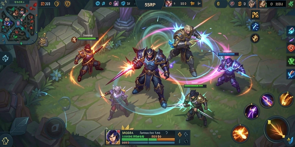 Screenshot gameplay 55RP yang menampilkan aksi seru dalam pertempuran MOBA.