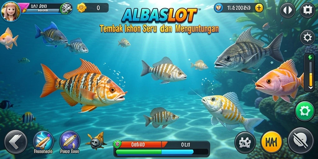 Tampilan gameplay seru dalam ALBASLOT saat menembak ikan.