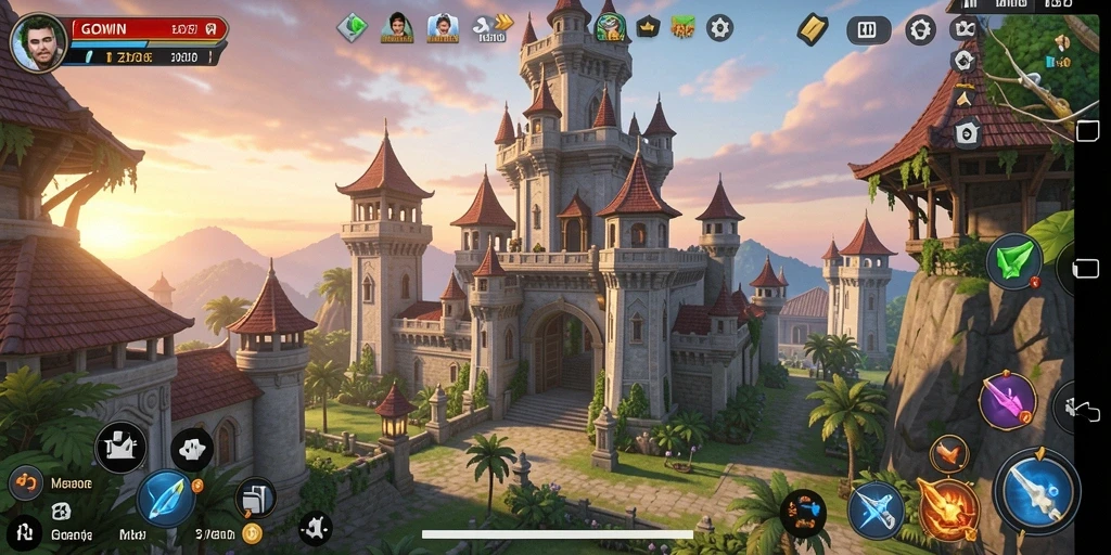 Screenshot gameplay GOWIN menunjukkan menara pertahanan yang strategis dalam aksi.