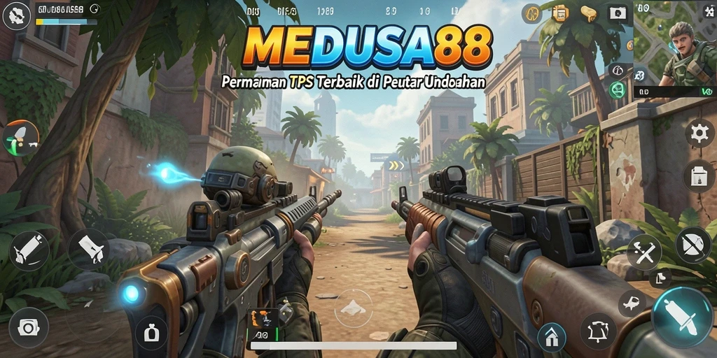 Screenshot gameplay MEDUSA88 menampilkan aksi pertempuran yang intens di arena TPS.