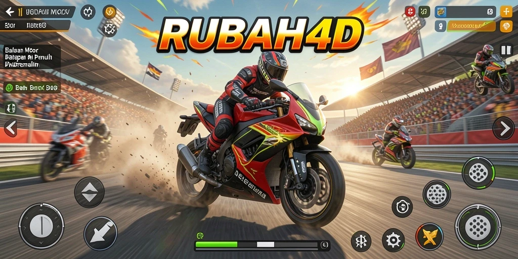 Menampilkan aksi balapan motor yang mendebarkan dan penuh kecepatan.