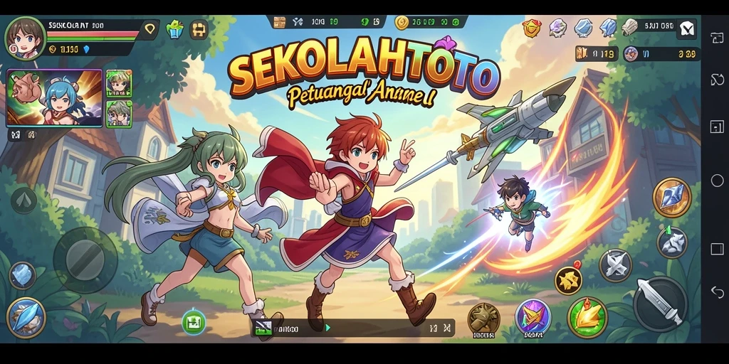Tampilan screenshot gameplay SEKOLAHTOTO menampilkan karakter Anime yang penuh warna.