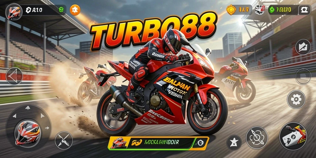 Tampilan gameplay yang mendebarkan dalam TURBO88, menunjukkan kecepatan motor.